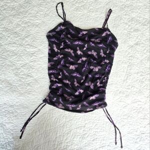 Urban Outfitters Purple Butterfly Mesh Side Cinch Drawstring Ruched Tank Top
